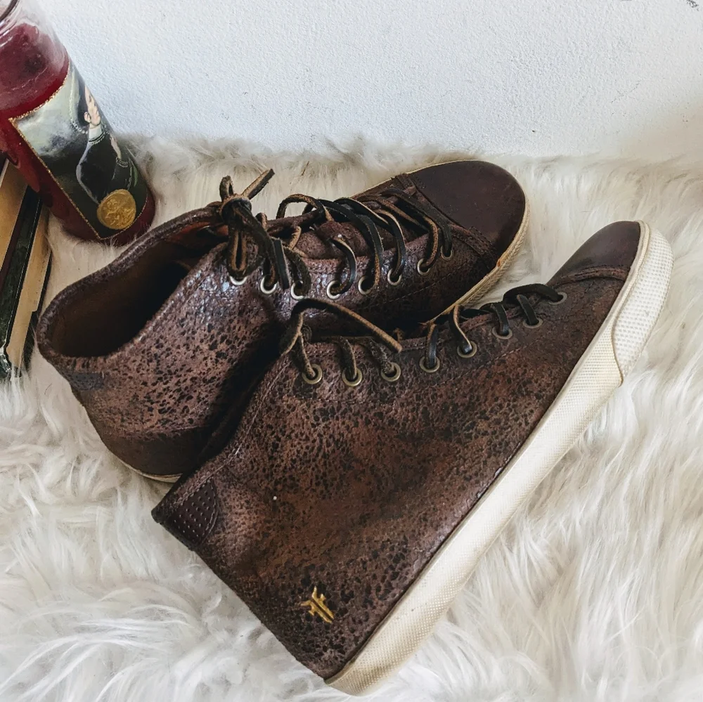 Frye Chambers High Top Sneaker Distressed Leather Shoes Lace-Up Dark Brown 8.5